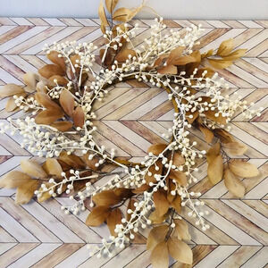 Fall Autumn Harvest Small White & Brown Wreath Country Farmhouse